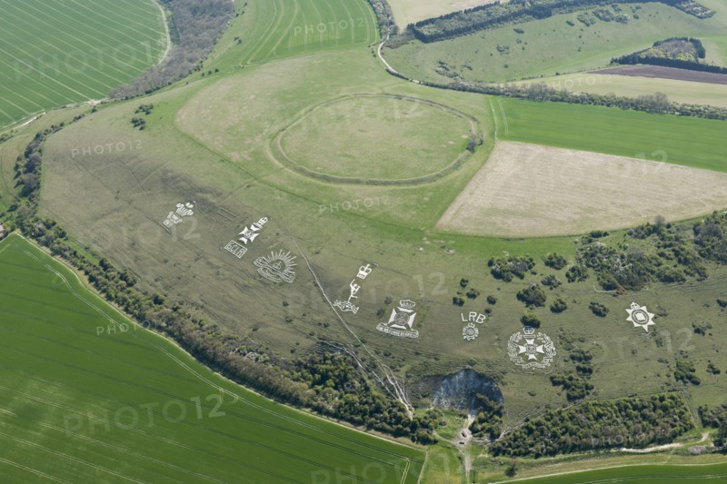 Chalk military badges and Chisenbury Camp univallate hillfort, Fovant Down, Wiltshire, 2015