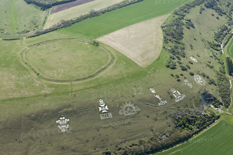 Chalk military badges and Chisenbury Camp univallate hillfort, Fovant Down, Wiltshire, 2015
