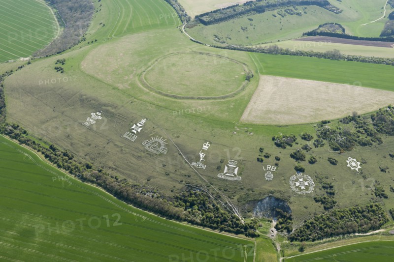 Chalk military badges and Chisenbury Camp univallate hillfort, Fovant Down, Wiltshire, 2015