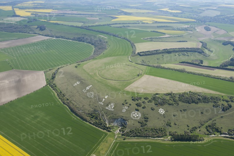 Chalk military badges and Chisenbury Camp univallate hillfort, Fovant Down, Wiltshire, 2015