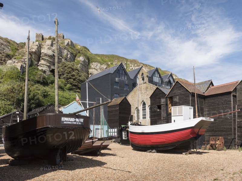 Fishing boats and net shops, Stade Beach, Hastings, East Sussex, c2010s