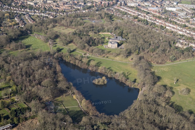 House and boating lake, Grovelands Park, Southgate, London, 2018
