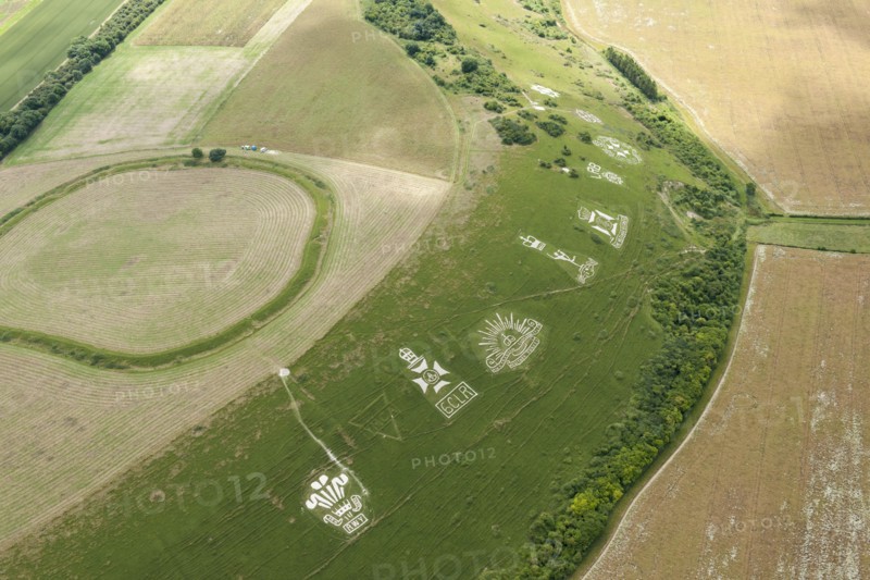 Chalk military badges and Chisenbury Camp univallate hillfort, Fovant Down, Wiltshire, 2015