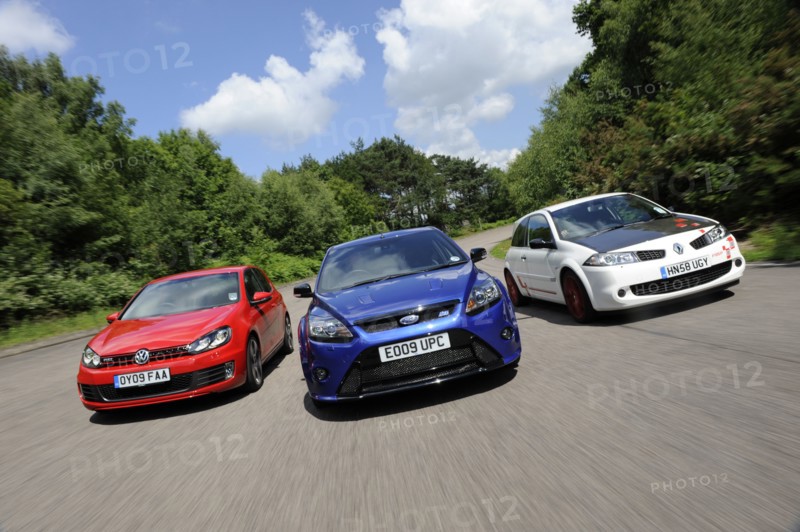 VW Golf GTi Renault Megane Sport R26R and Ford Focus RS 2009. Artist: Simon Clay.
