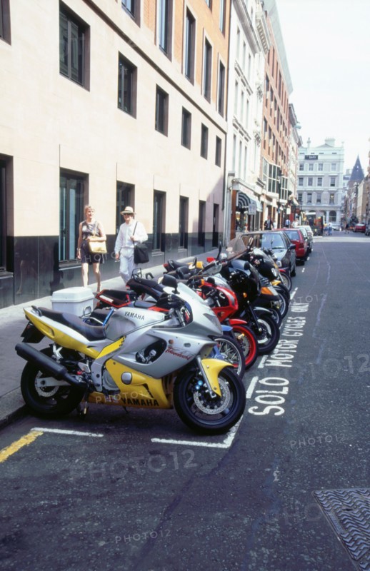 Motorcycle parking area, London 1999. Artist: Unknown.