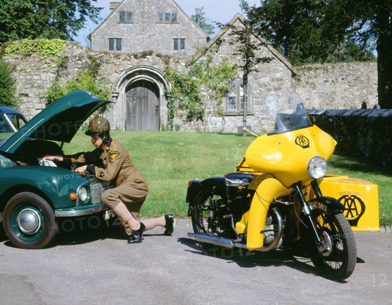 1960 BSA M21 AA Combination motorcycle with 1948 Morris Minor. Artist: Unknown.