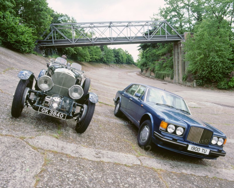 1991 Bentley Turbo R and 1930 Bentley 4.5 blower at Brooklands. Artist: Unknown.