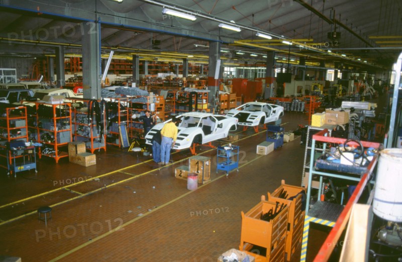 Lamborghini factory 1988.Countach under construction. Artist: Unknown.