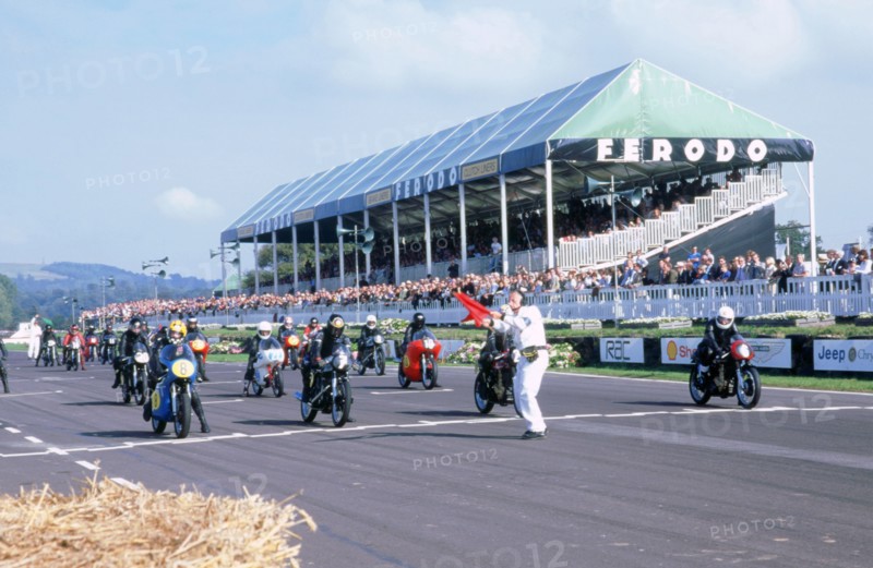 Goodwood revival meeting. Motorcycle race starting grid. Artist: Unknown.