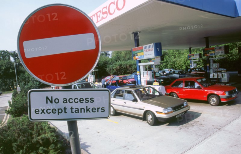 Fuel crisis 2000. Queues for petrol. Artist: Unknown.