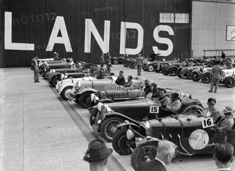 Cars on the start line at the MCC Members Meeting, Brooklands, 10 September 1938. Artist: Bill Brunell.