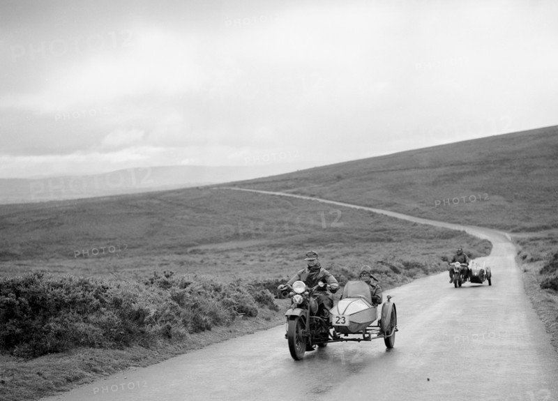 1208 cc Harley-Davidson and sidecar of RW Praill, winner of a silver award, MCC Torquay Rally, 1937. Artist: Bill Brunell.