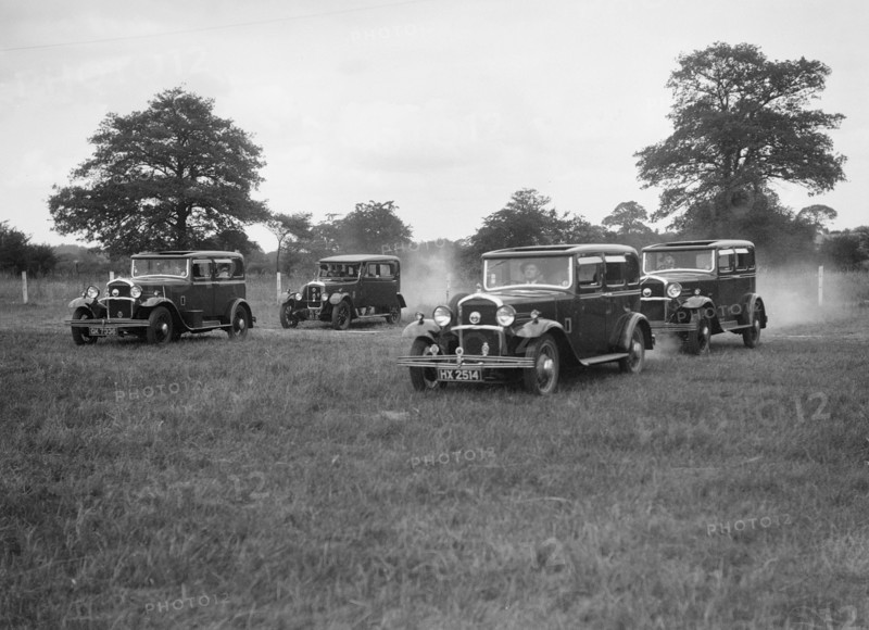 Three Singer Super Sixes and a Singer Senior at the Bugatti Owners Club gymkhana, 5 July 1931. Artist: Bill Brunell.