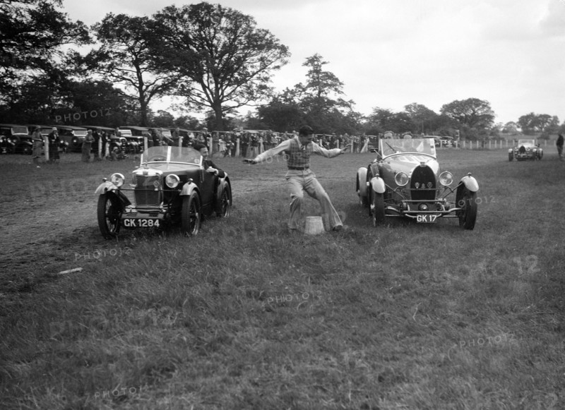 MG M type and Bugatti Type 43 taking part in the Bugatti Owners Club gymkhana, 5 July 1931. Artist: Bill Brunell.