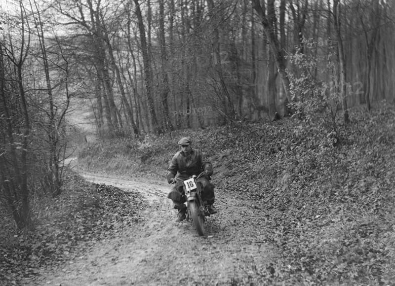 Motorcycle competing in the Inter-Varsity Trial, November 1931. Artist: Bill Brunell.
