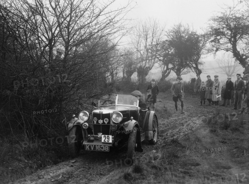 MG M type of AJ Milburn at the Sunbac Colmore Trial, near Winchcombe, Gloucestershire, 1934. Artist: Bill Brunell.
