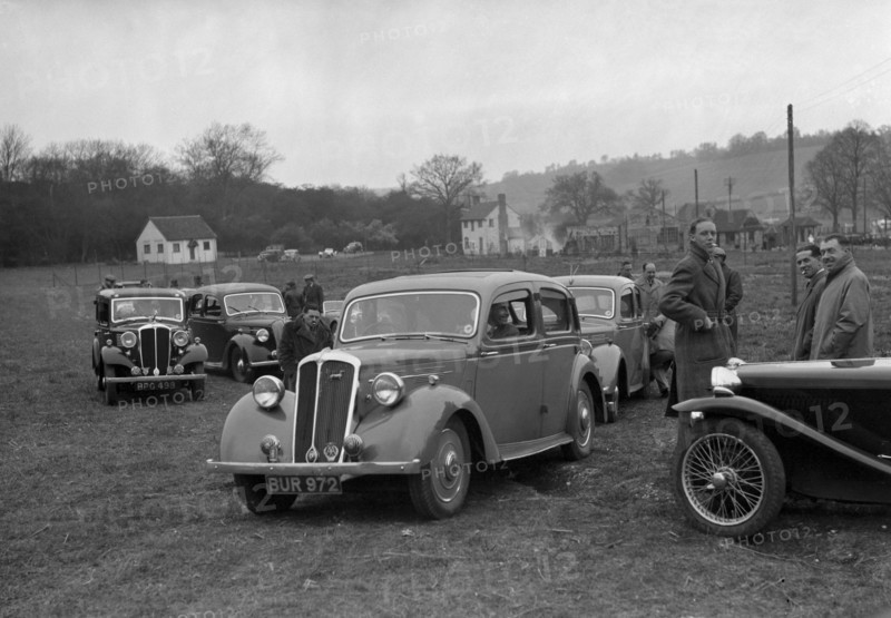 Standard Twelve and Standard Ten saloon, Standard Car Owners Club Southern Counties Trial, 1938. Artist: Bill Brunell.