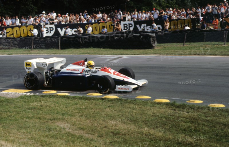 Ayrton Senna in the Toleman TG184 during 1984 British Grand Prix Brands Hatch Artist: Unknown.