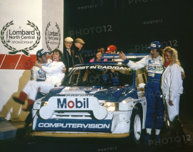 1986 RAC Rally. Tony Pond and Rob Arthur celebrate finishing 6th in MG Metro 6R4 Artist: Unknown.