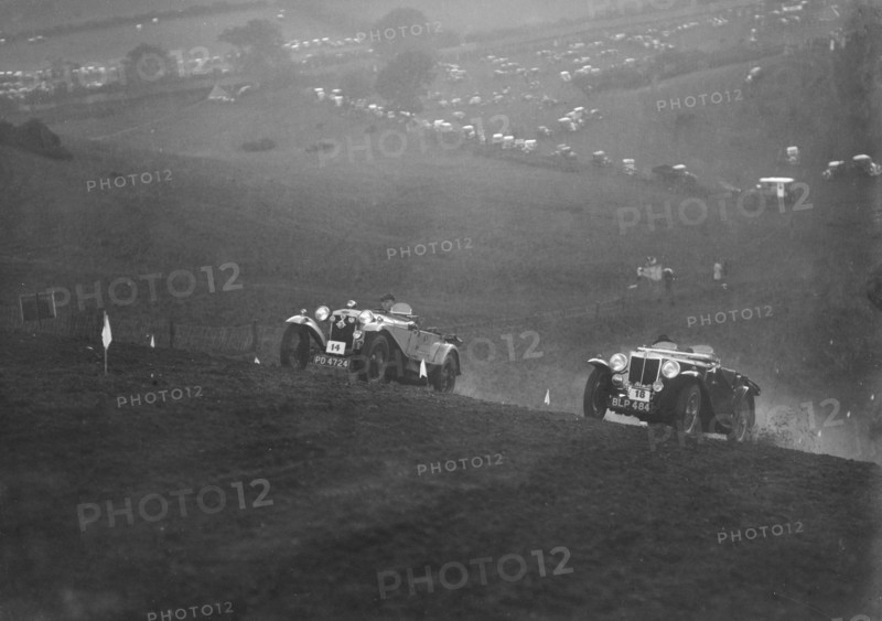 Frazer-Nash and MG NA Magnette competing in the MG Car Club Rushmere Hillclimb, Shropshire, 1935. Artist: Bill Brunell.