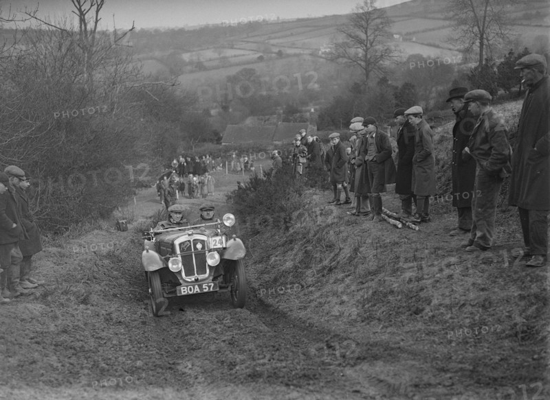 Austin 7 Grasshopper of WH Scriven competing in the MG Car Club Midland Centre Trial, 1938. Artist: Bill Brunell.