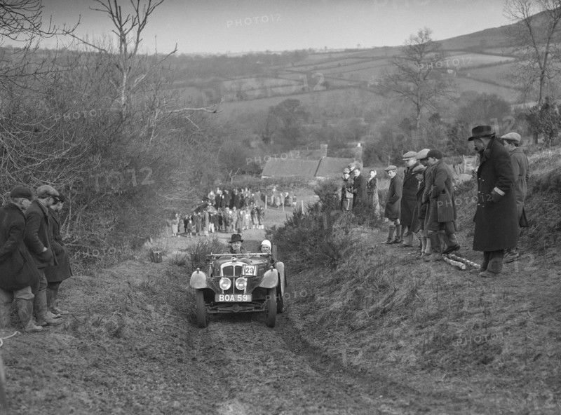 Austin 7 Grasshopper of Alf Langley competing at the MG Car Club Midland Centre Trial, 1938. Artist: Bill Brunell.