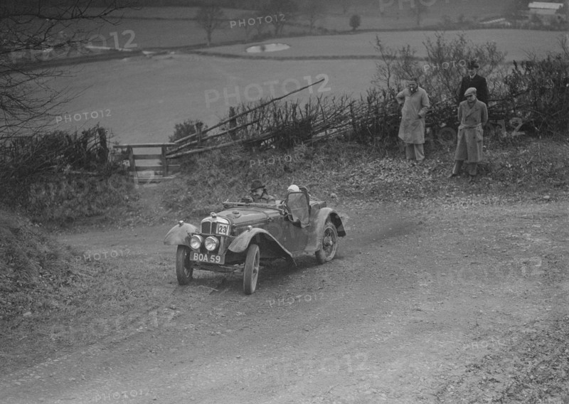 Austin 7 Grasshopper of Alf Langley competing at the MG Car Club Midland Centre Trial, 1938. Artist: Bill Brunell.