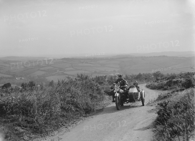 Brough Superior and sidecar of FW Stevenson competing in the MCC Torquay Rally, 1938. Artist: Bill Brunell.