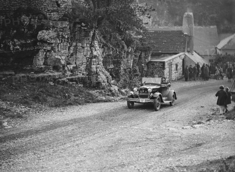Ford Model A of FH Grain competing in the MCC Sporting Trial, Litton Slack, Derbyshire, 1930. Artist: Bill Brunell.