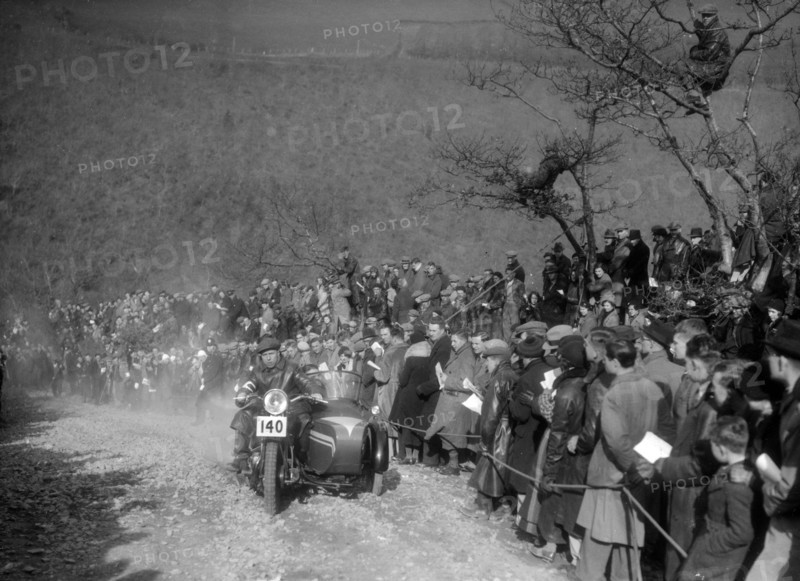 748 cc BSA and sidecar of HJ Finden at the MCC Lands End Trial, Beggars Roost, Devon, 1936. Artist: Bill Brunell.