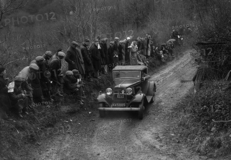 Ford V8 of DJC Palmer competing in the MCC Lands End Trial, 1935. Artist: Bill Brunell.