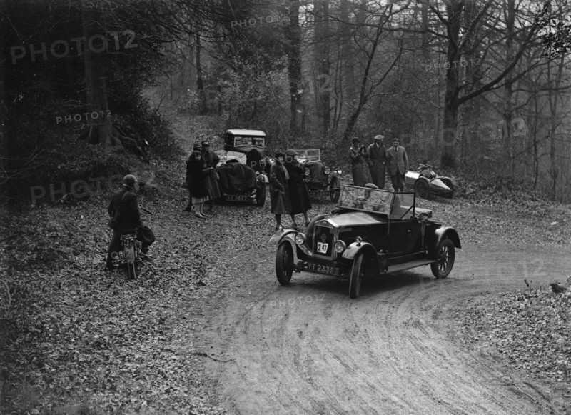 Wolseley 11 competing in the Sunbeam Motor Car Club Bognor Trial, 1929. Artist: Bill Brunell.