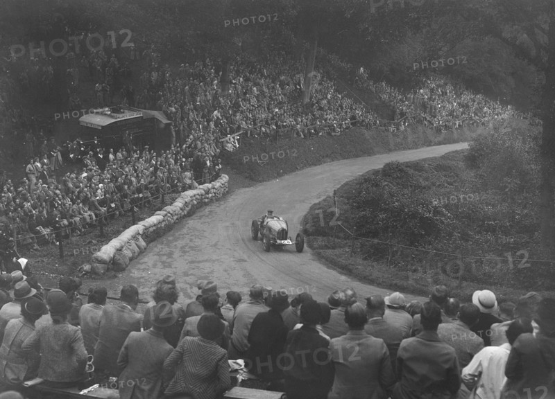 Bugatti Type 51 competing in the Shelsley Walsh Hillclimb, Worcestershire, 1935. Artist: Bill Brunell.