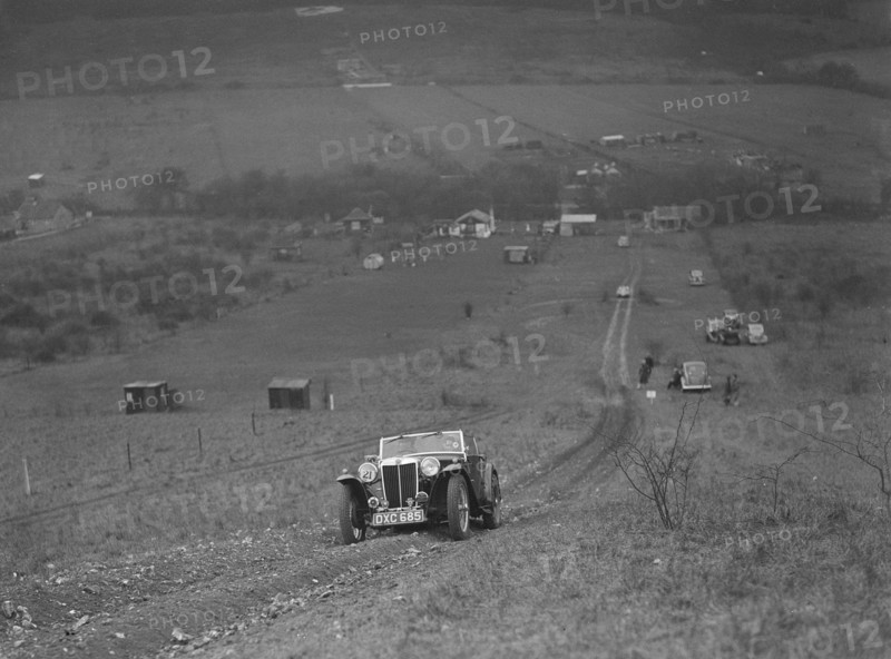 MG TA competing in the London Motor Club Coventry Cup Trial, Knatts Hill, Kent, 1938. Artist: Bill Brunell.