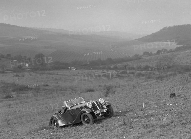 Frazer-Nash BMW 319 competing in the London Motor Club Coventry Cup Trial, Knatts Hill, Kent, 1938. Artist: Bill Brunell.