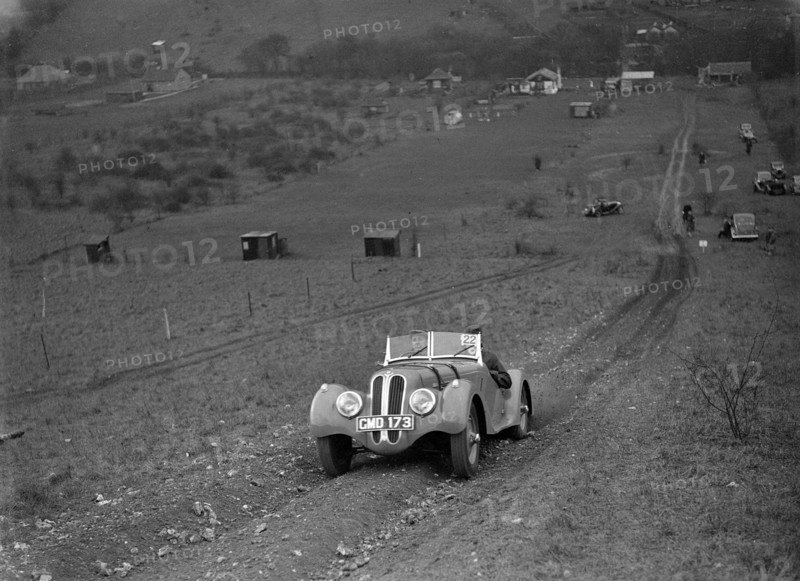 Frazer-Nash BMW 328 of H Wood at the London Motor Club Coventry Cup Trial, Knatts Hill, Kent, 1938. Artist: Bill Brunell.