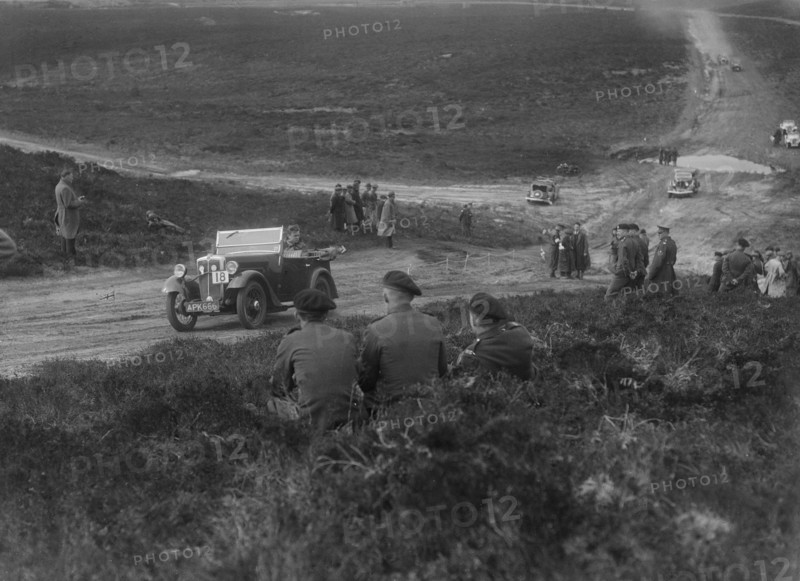 Morris Minor competing in a motoring trial, Bagshot Heath, Surrey, 1930s. Artist: Bill Brunell.