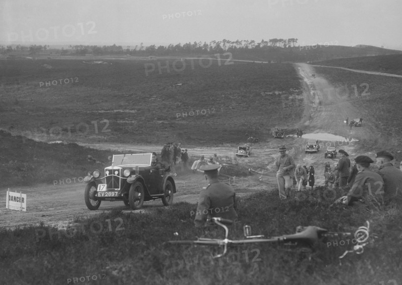1931 Morris Minor open 2-seater competing in a motoring trial, Bagshot Heath, Surrey, 1930s. Artist: Bill Brunell.