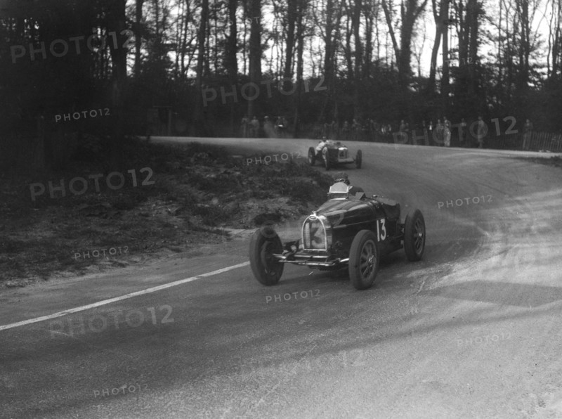 Bugatti Type 35B of Jock Leith leading a Riley Brooklands at Donington Park, Leicestershire, 1935. Artist: Bill Brunell.