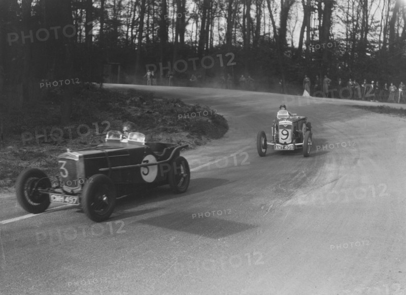 Two Frazer-Nash cars racing at Donington Park, Leicestershire, 1930s. Artist: Bill Brunell.
