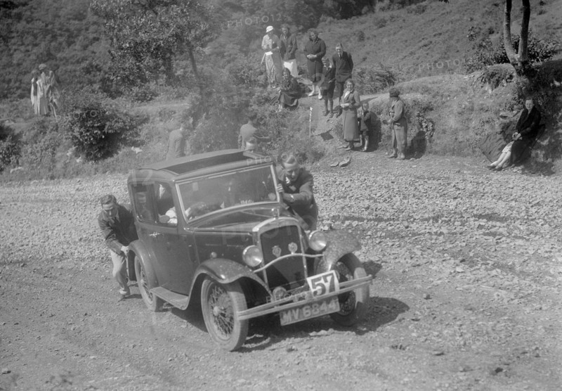 Austin 10 saloon at the Mid Surrey AC Barnstaple Trial, Beggars Roost, Devon, 1934. Artist: Bill Brunell.