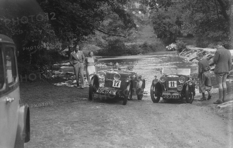 MG J2 and MG D type at the Mid Surrey AC Barnstaple Trial, Tarr Steps, Exmoor, 1934. Artist: Bill Brunell.