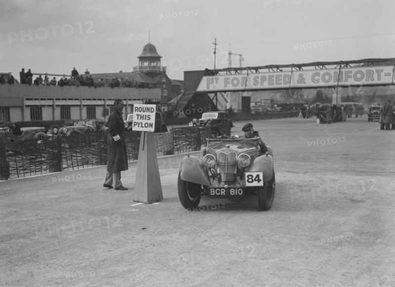 Riley Sprite of Kay Hague competing in the JCC Rally, Brooklands, Surrey, 1939. Artist: Bill Brunell.