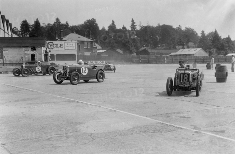 Frazer-Nash, Wolseley Hornet and Riley 9 Brooklands, BARC meeting, Brooklands, Surrey, 1933. Artist: Bill Brunell.
