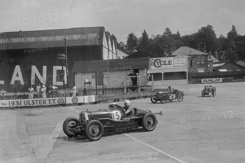 Aston Martin, Austin Ulster TT car and Austin 7, BARC meeting, Brooklands, Surrey, 1933. Artist: Bill Brunell.