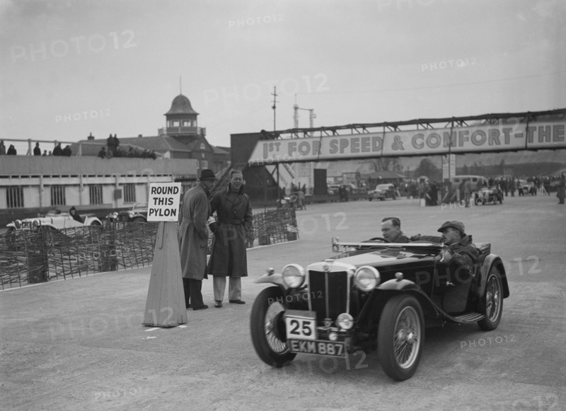 MG TA competing in the JCC Rally, Brooklands, Surrey, 1939. Artist: Bill Brunell.