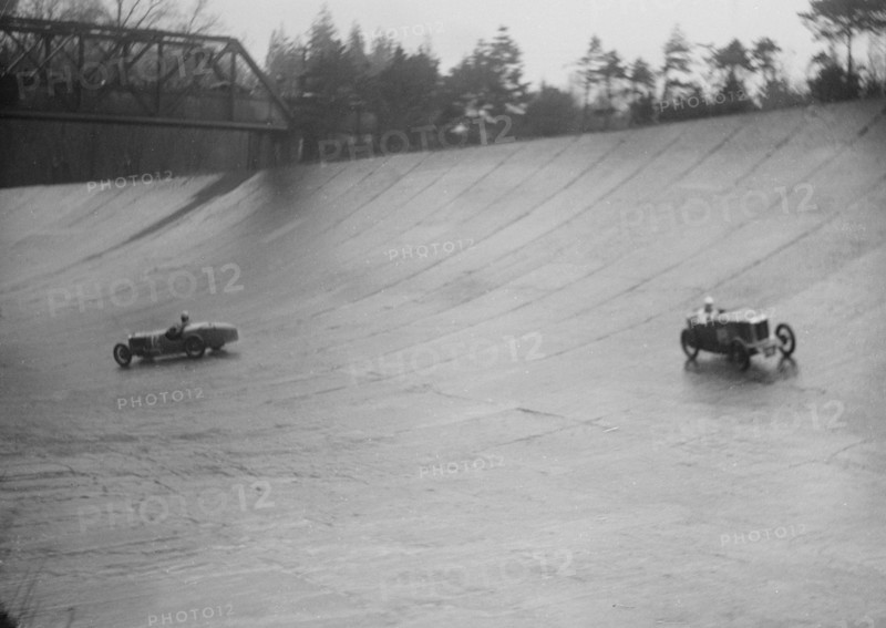 MG M type and Riley 9 Brooklands racing at a BARC meeting, Brooklands, Surrey, 1931 Artist: Bill Brunell.