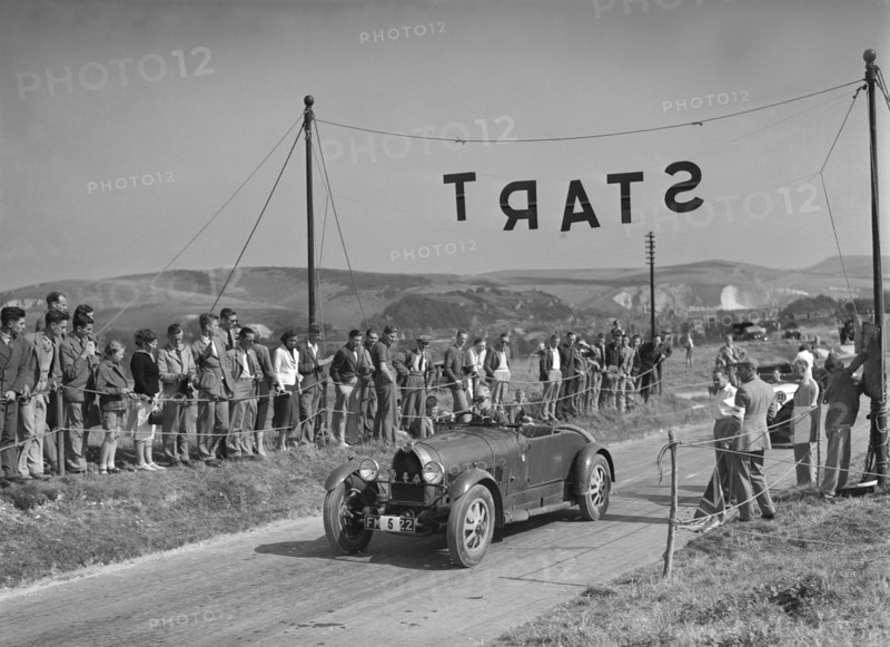 Bugatti Type 43 of AF Walsham competing in the Bugatti Owners Club Lewes Speed Trials, Sussex, 1937. Artist: Bill Brunell.
