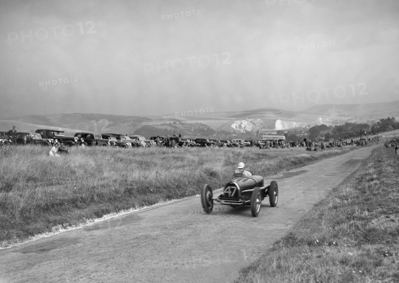 Bugatti Type 59 of A Baron competing in the Bugatti Owners Club Lewes Speed Trials, Sussex, 1937. Artist: Bill Brunell.