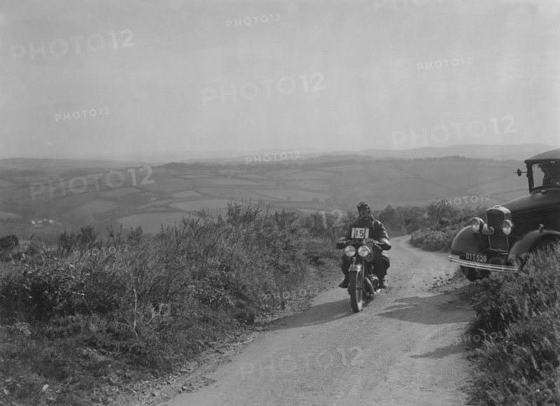 599 cc Panther motorcycle competing in the MCC Torquay Rally, 1938. Artist: Bill Brunell.